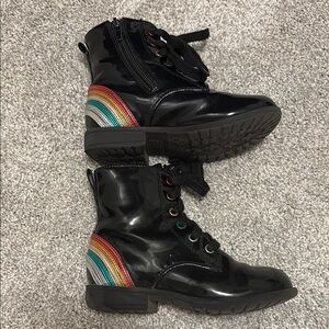 Girls Black Patent Leather Boots with Rainbow Stripes